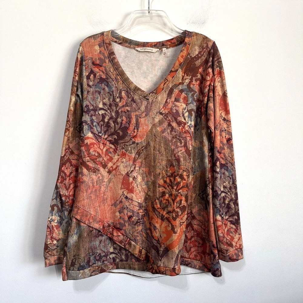 Soft Surroundings Artesia Tunic S Knit Top Long Sleeve Orange Brown Casual Shirt
